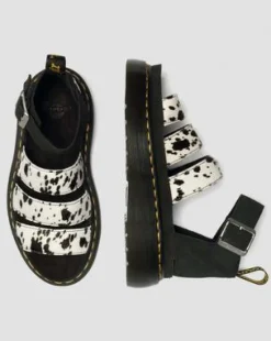 Clarissa Hair-On Leren Quad Sandalen met Riem in Crème & Zwart