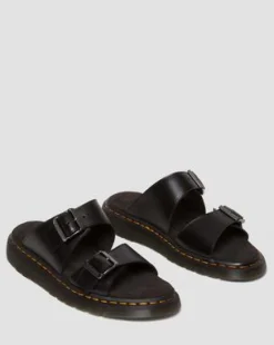 Josef Leren Gesp Slide Sandalen in Zwart