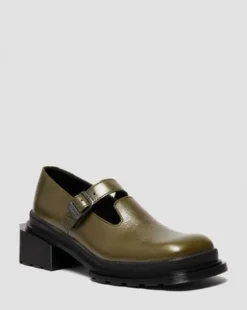 Maybole Leren Mary Jane Schoenen met Vierkante Neus in Olijfkleurig Groen