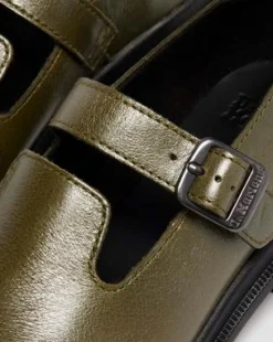 Maybole Leren Mary Jane Schoenen met Vierkante Neus in Olijfkleurig Groen