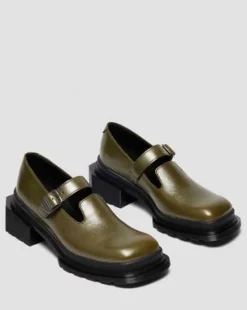 Maybole Leren Mary Jane Schoenen met Vierkante Neus in Olijfkleurig Groen