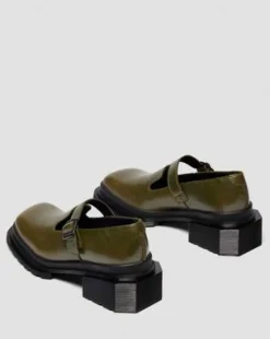 Maybole Leren Mary Jane Schoenen met Vierkante Neus in Olijfkleurig Groen