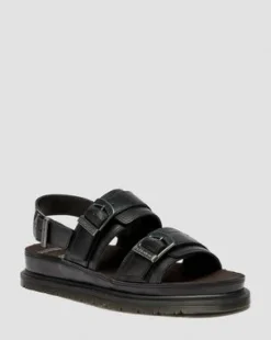 San Leren Sandalen Met Twee Riemen in Zwart