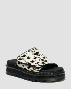 Zebzag Dalmatian Hair-On Leren Platform Slides in Crème & Zwart