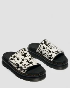 Zebzag Dalmatian Hair-On Leren Platform Slides in Crème & Zwart